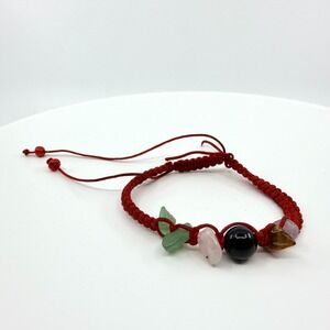 VTG Boho Red Macrame Cord Slide Bracelet Mixed Gemstone Crystal Chips Unmarked